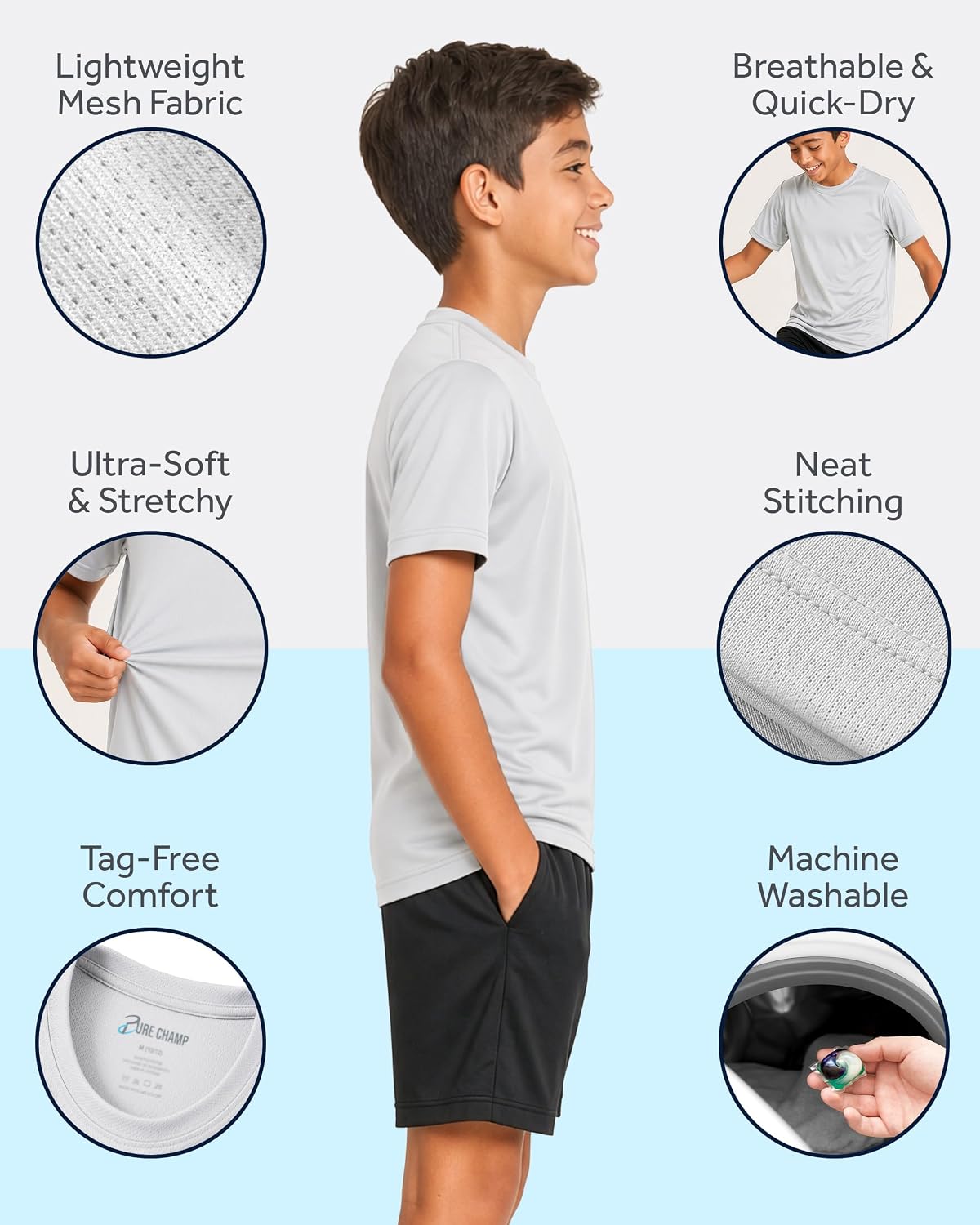 PURE CHAMP Boys Athletic Shirts 6 Pack Dry Fit Short Sleeve Boys Tshirts Basketball Baseball Soccer Tee Kids Youth & Teens - Image 2