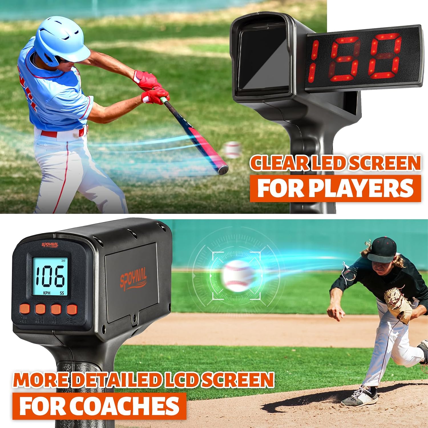 SPOYNAL Baseball Radar Gun, Dual LED/LCD Display, 10-Data Recall | Speed training equipment for baseball, softball & soccer with a large display and playback of the 10 most recent readings - Image 3