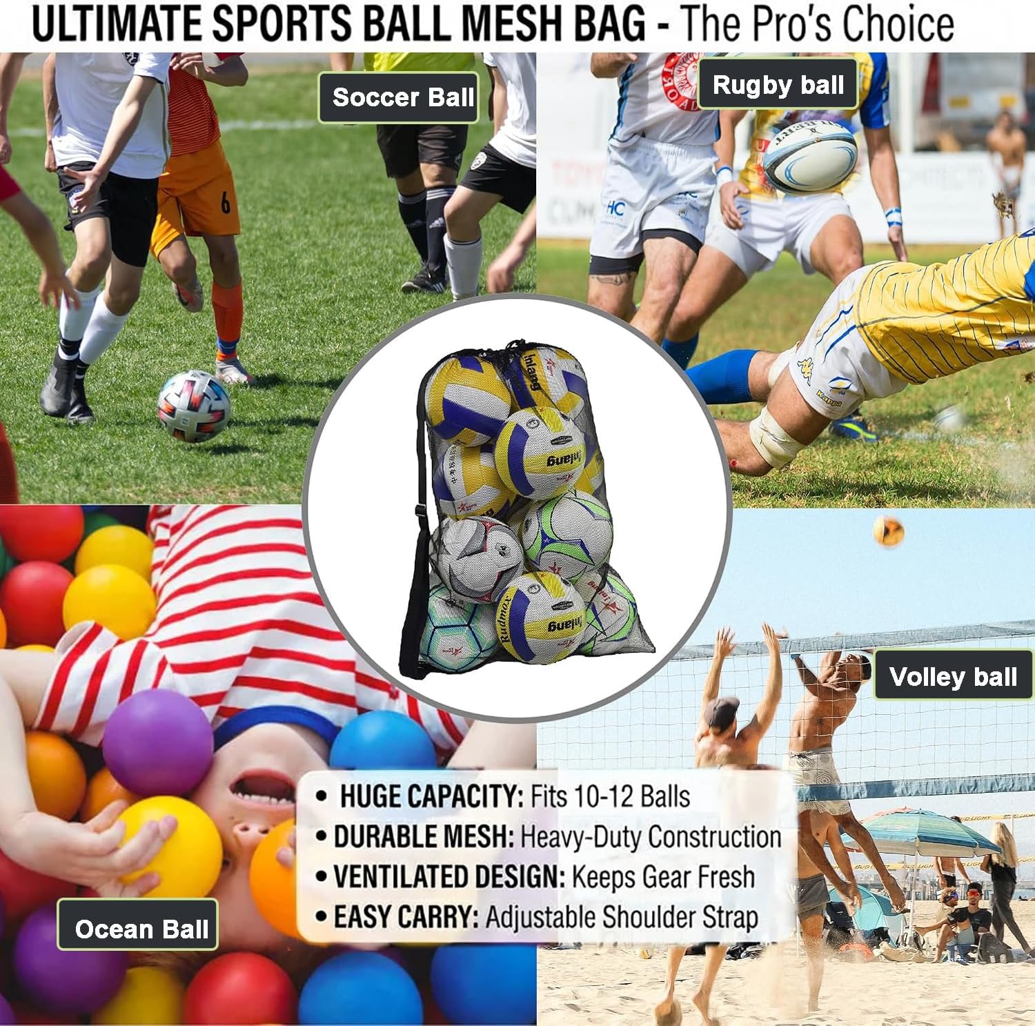 Heavy Duty Mesh Ball Bag, Drawstring Sport Equipment Storage Bag | for Basketball, Soccer, Sports Beach and Swimming Gears with Adjustable Shoulder Strap Outdoor Organizer - Image 8