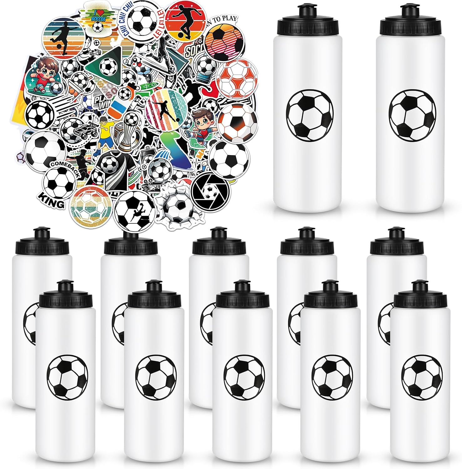Soccer Party Favors, 12 Pack Water Bottles, 300 Stickers | 12 Soccer-Pattern Bottles, 300 Themed Stickers, BPA-Free 20 oz Design, Leak-Proof Lids, Ideal for Teams and Parties