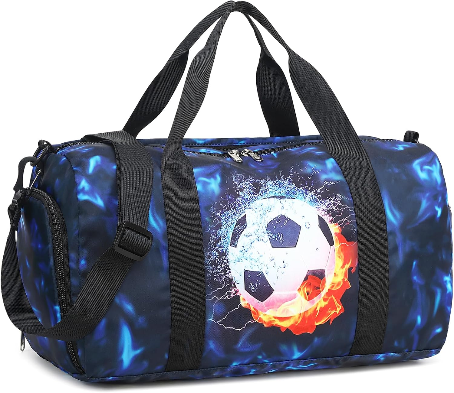 Kids Duffle Bag Boys Girls Overnight Travel Sport Gym Bag Weekender Carry On Shoulder Bag with Shoe Compartment & Wet Pocket (Soccer Black Blue)