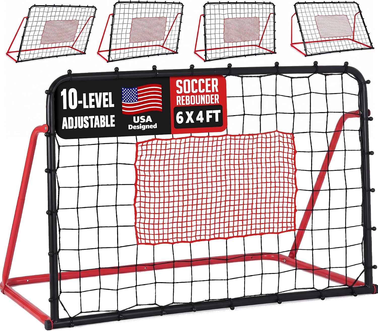 ZEALFEEL 6x4FT Soccer Rebounder Net, 10-Angle Kickback Training Frame | Thickened Metal, Tear-Resistant PE Net; For Soccer, Volleyball & Baseball; Portable for Backyard/Indoor Solo & Team Drills