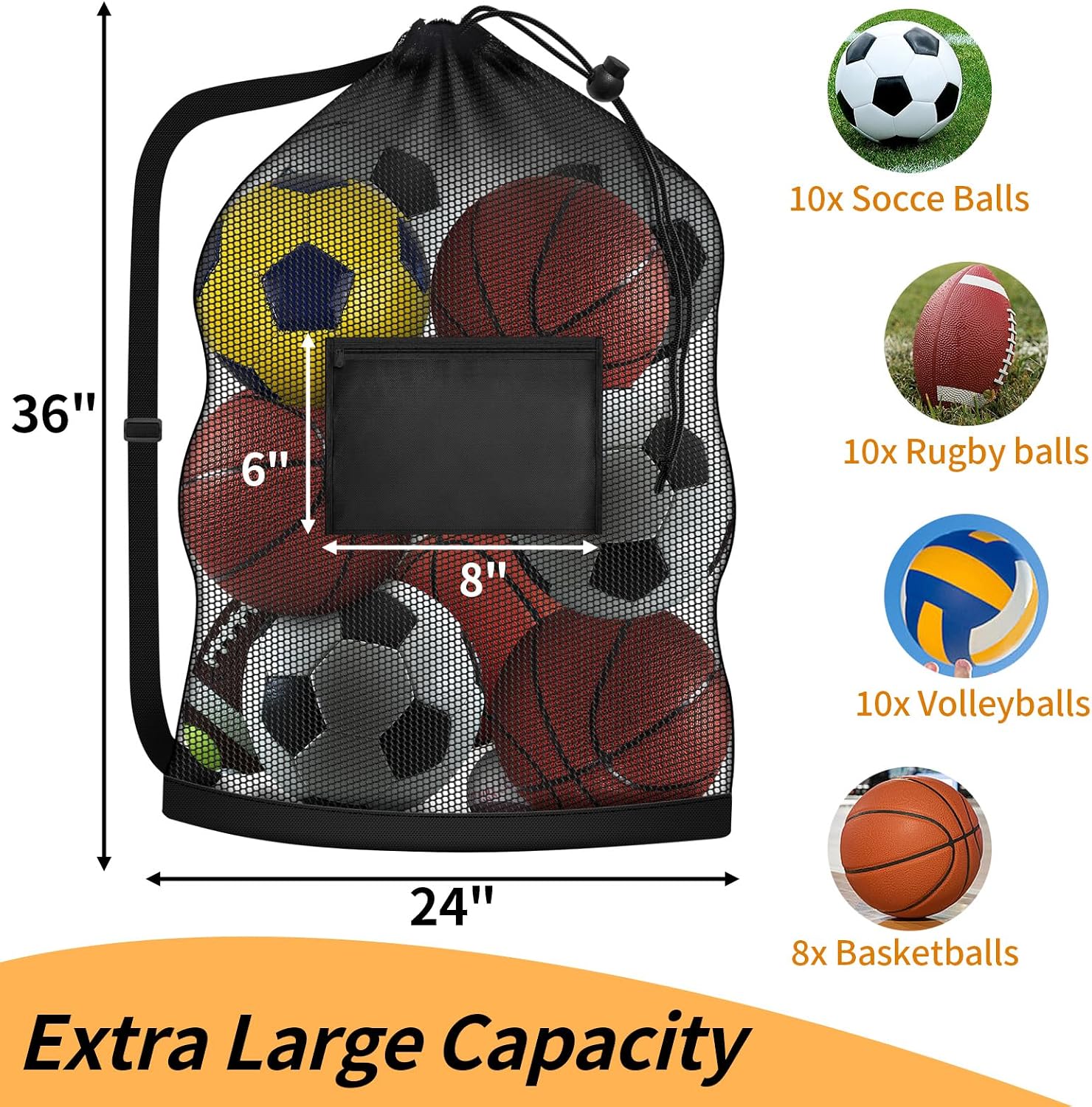 Extra Large Mesh Ball Bag, Heavy Duty 24"x36" Hold 8-10 Soccer Basketball | Drawstring Sports Equipment Net Sack, Shoulder Strap and Storage Pocket for Coaches, Teams, Volleyball Football - Image 2