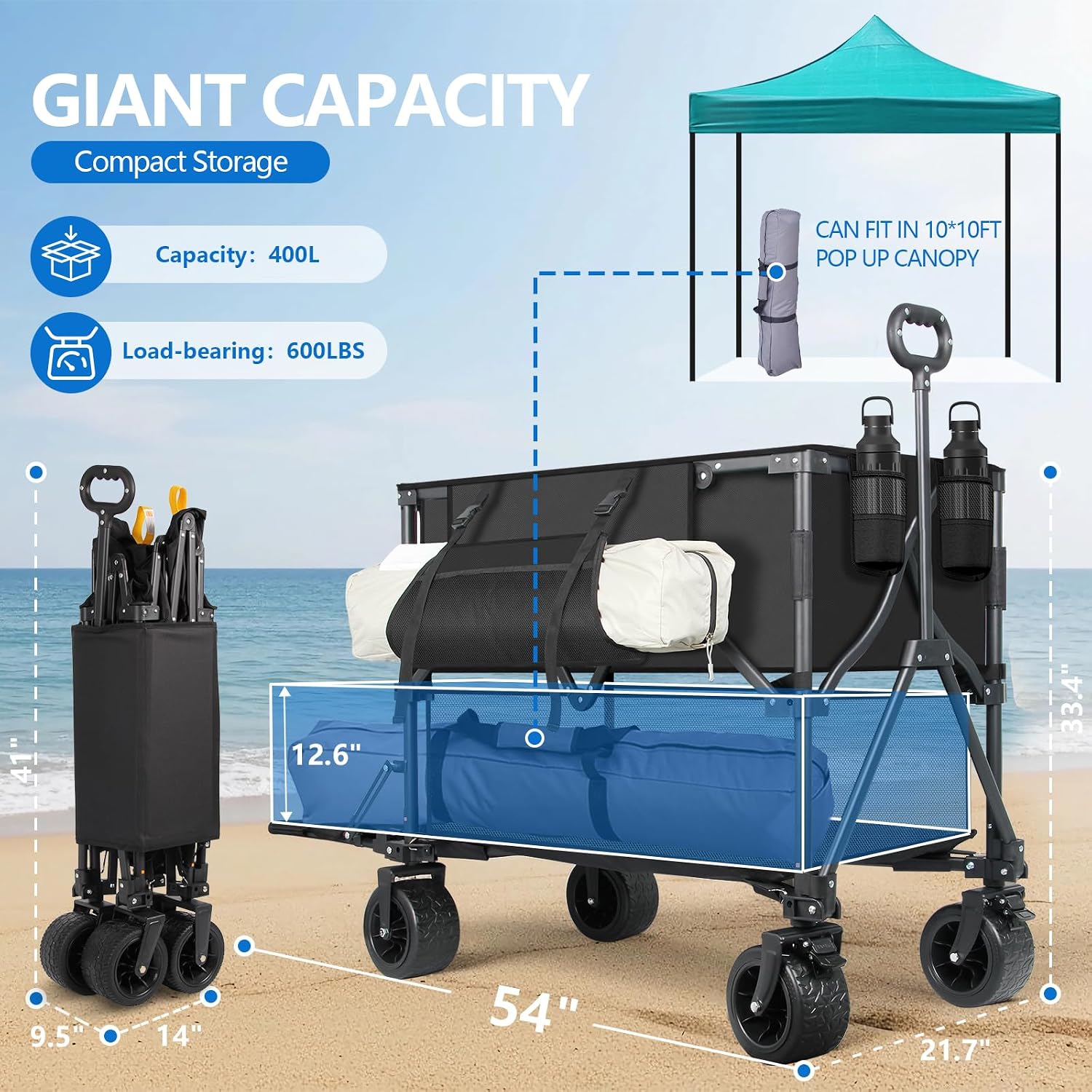 Double Decker Wagon 400L Large Capacity & 600LBS Foldable Utility Cart | 54" Extra Long, Collapsible Heavy Duty Wagon, All-Terrain Big Wheels for Beach, Camping, Sports & Gardening - Image 2