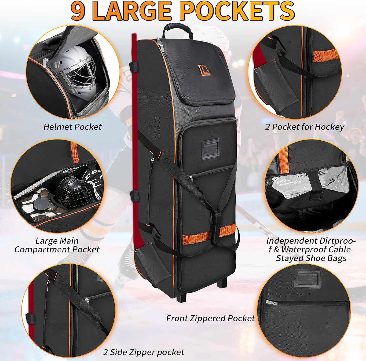 120L Hockey Bag with Wheels,Rolling Ice Hockey Duffel Travel Bag with Separate Breathable Shoe Compartment,2 Sticks Field Hockey Bag with Scratch-Resistant and Waterproof Bottom,Equipment & Gear - Image 3