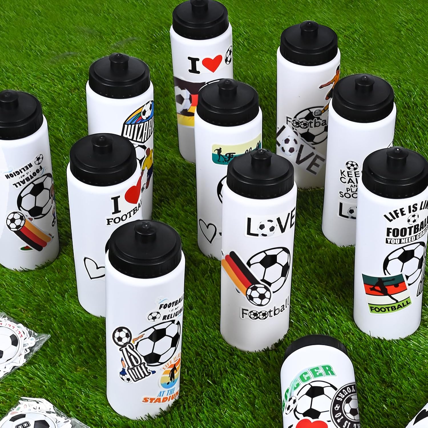 Soccer Party Favors, 12 Pack Water Bottles, 300 Stickers | 12 Soccer-Pattern Bottles, 300 Themed Stickers, BPA-Free 20 oz Design, Leak-Proof Lids, Ideal for Teams and Parties - Image 7