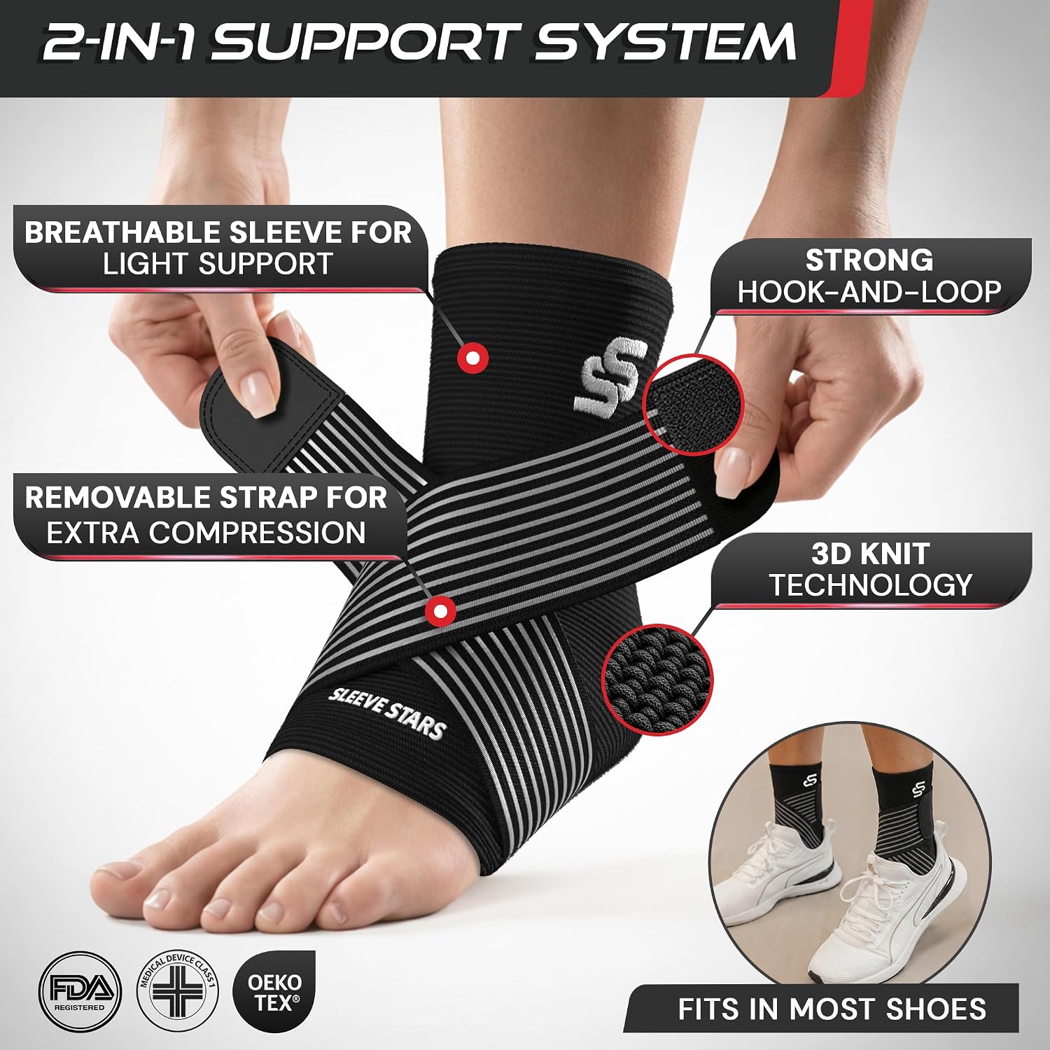Sleeve Stars Ankle Brace for Women & Men, Ankle Wrap for Sprain, Compression Sleeve for Plantar Fasciitis Relief, Easy Customizable Support: w/ Removable Strap (Single/M:10"-12"/Black) - Image 3