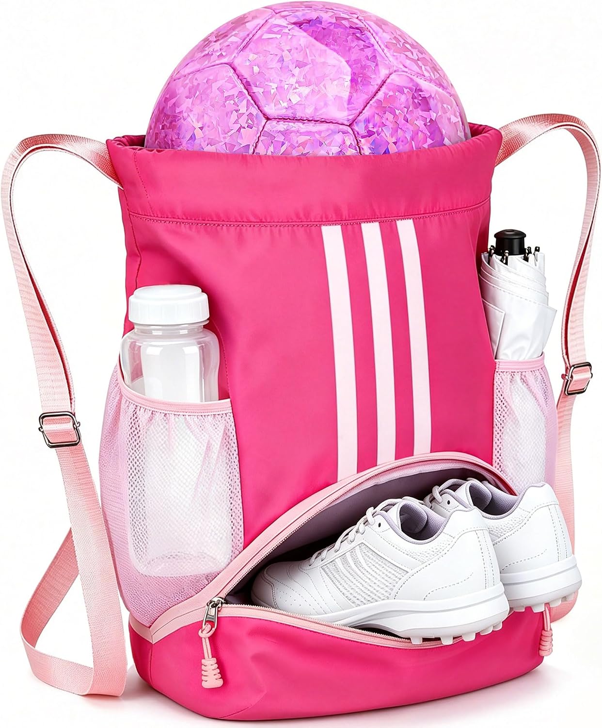 Soccer Bag, Youth Drawstring Backpack for Volleyball Basketball Sports | with 1 Shoes Compartment 1 Wet&Dry Pocket 2 Side Mesh Pockets 2 Zipper Pockets Bag for Gym Training Swimming Back to School