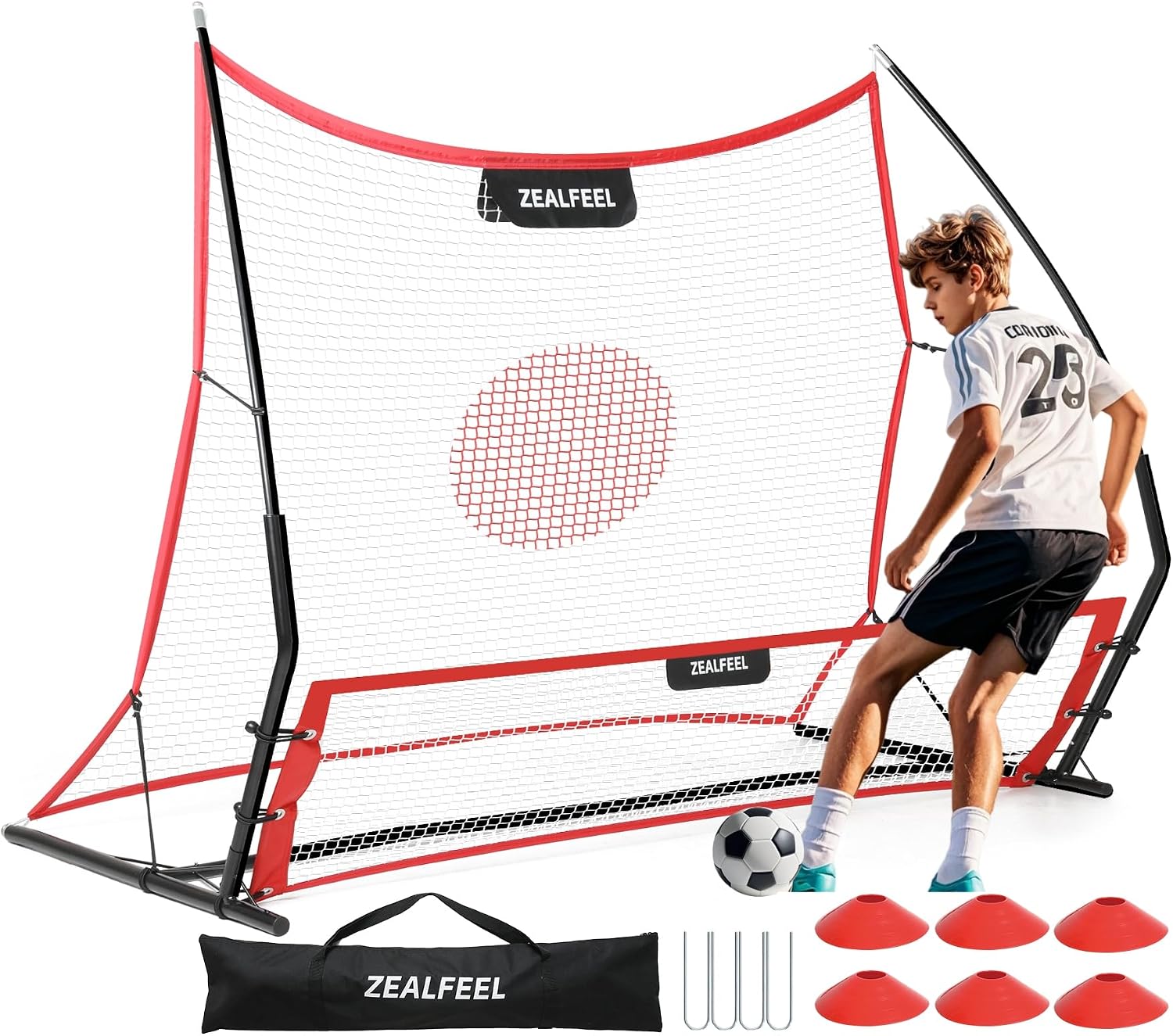 ZEALFEEL 2-in-1 Soccer Rebounder, 6'x4.7' & 6'x16 Training Net | Soccer Bounce Back Net for Volley, Passing and Solo Training with Carry Bag and Cones, Ideal Football Trainer for Teams