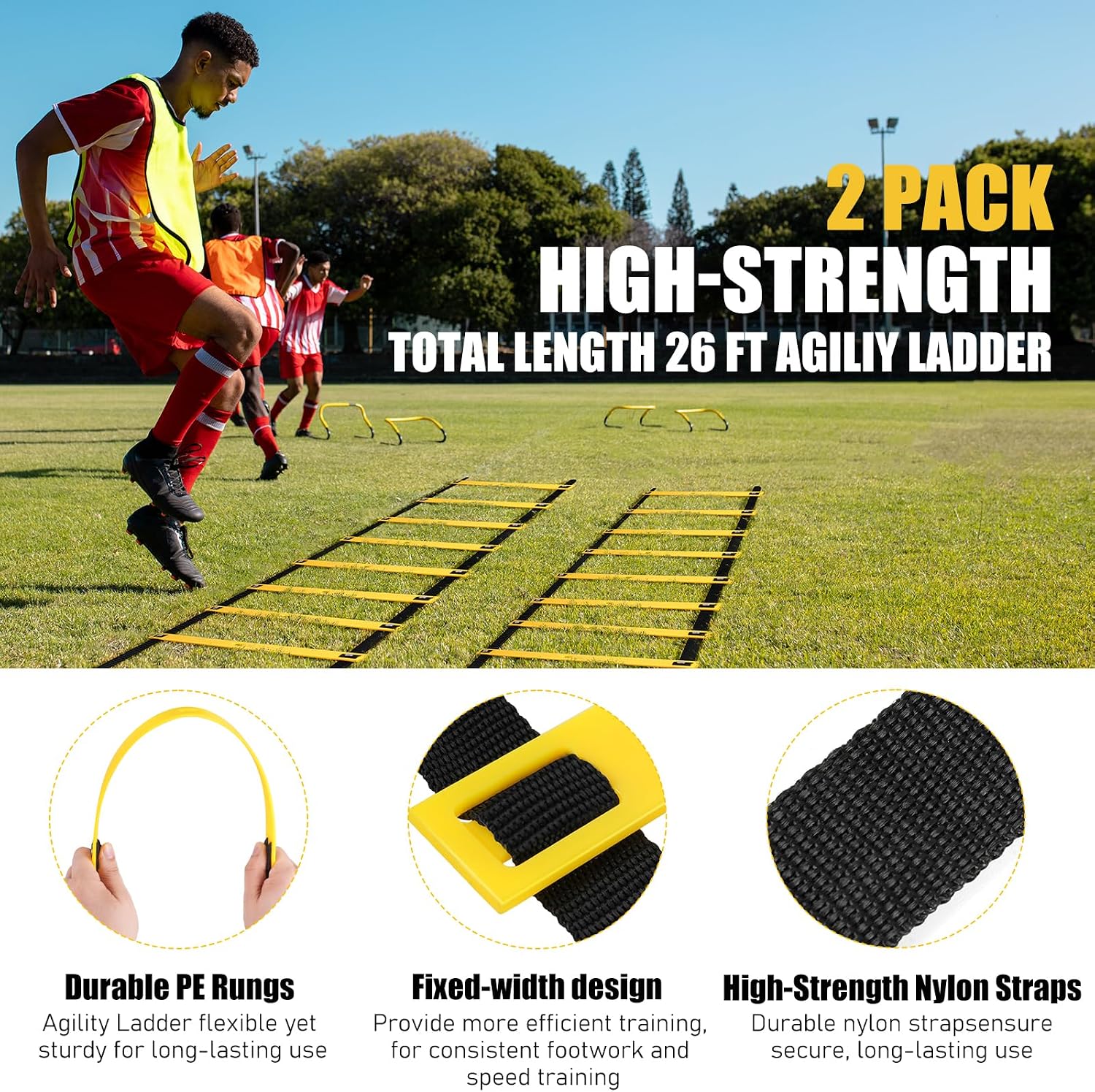 BORNEW 2 Pack Agility Ladder, Soccer Speed Training Equipment Set with Total 26 ft Agility Ladder, 12 Cones, 4 Adjustable Hurdles, Jump Rope, for Soccer, Basketball, Football, Kids, Youth, Adults - Image 4