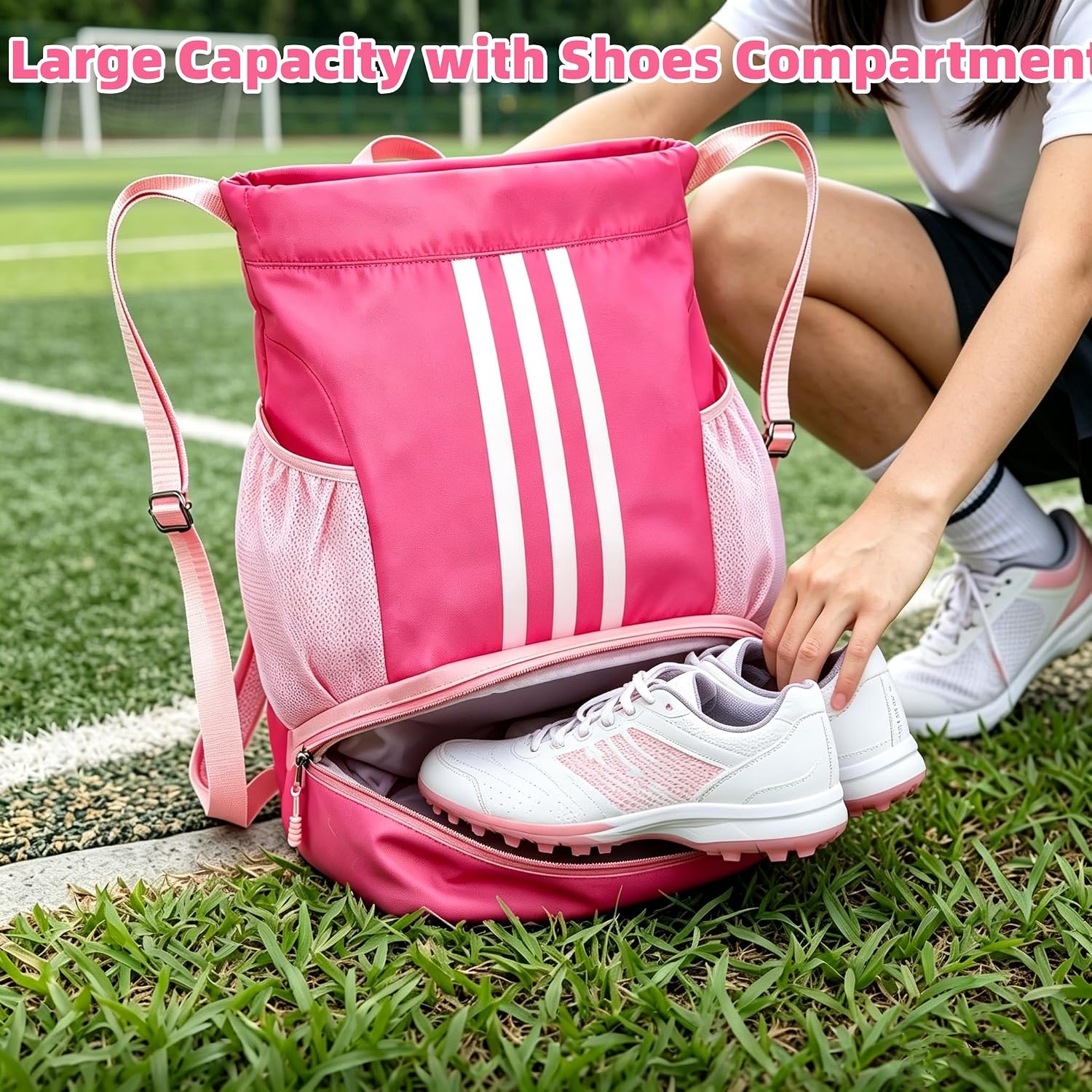 Soccer Bag, Youth Drawstring Backpack for Volleyball Basketball Sports | with 1 Shoes Compartment 1 Wet&Dry Pocket 2 Side Mesh Pockets 2 Zipper Pockets Bag for Gym Training Swimming Back to School - Image 6