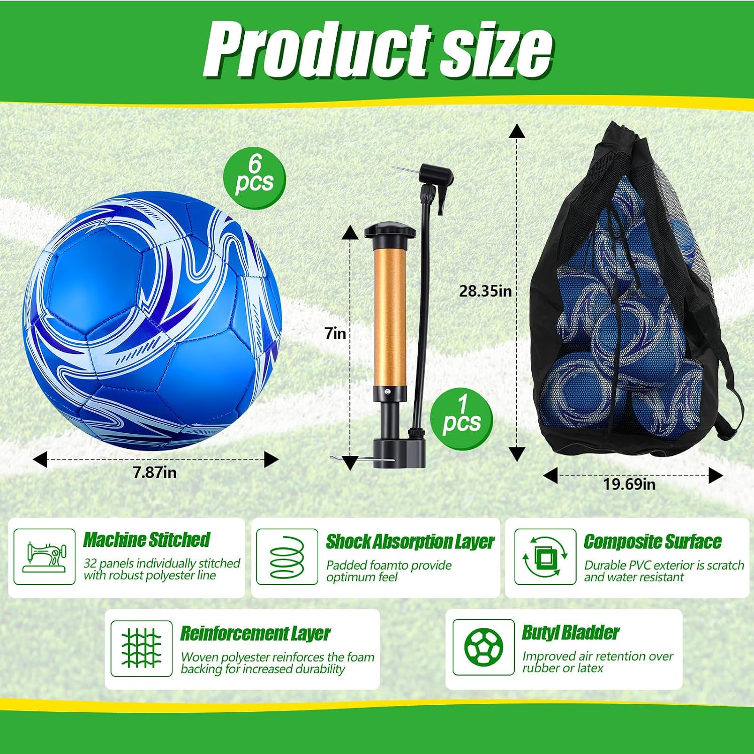 Realspring 6 Pcs Soccer Balls Bulk Official Size 3 4 5 with Pump Needle Storage Bag Soccer Balls for Youth Outdoor Training Practice Game Sport Gift Back to School - Image 2