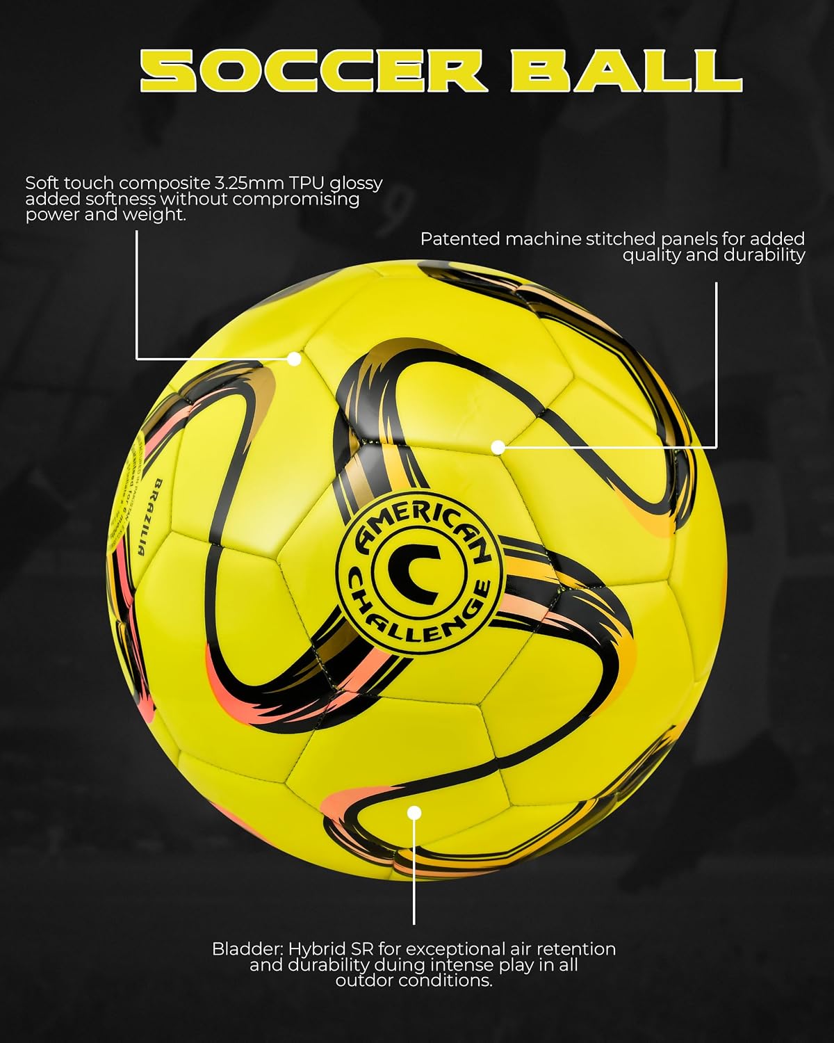 American Challenge Brasilia Soccer Ball Size 5, 4, 3 & 2 | Durable TPU casing with Hybrid SR bladder for reliable bounce, ideal for training and recreational play - Image 2