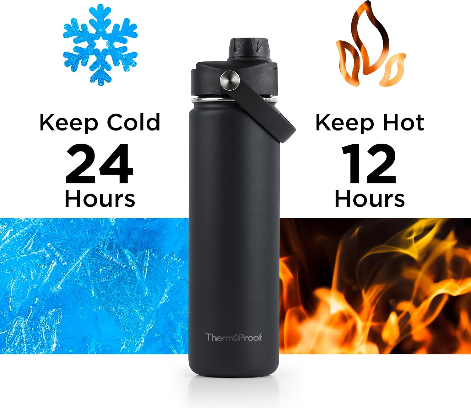 ThermoProof Double-Walled Vacuum Insulated Stainless Steel Water Bottle - Wide Mouth with Chug & Spout Lids, Dishwasher Safe, Reusable, Leakproof, Hot & Cold for Men, Women & Kids - 22oz, Black - Image 4