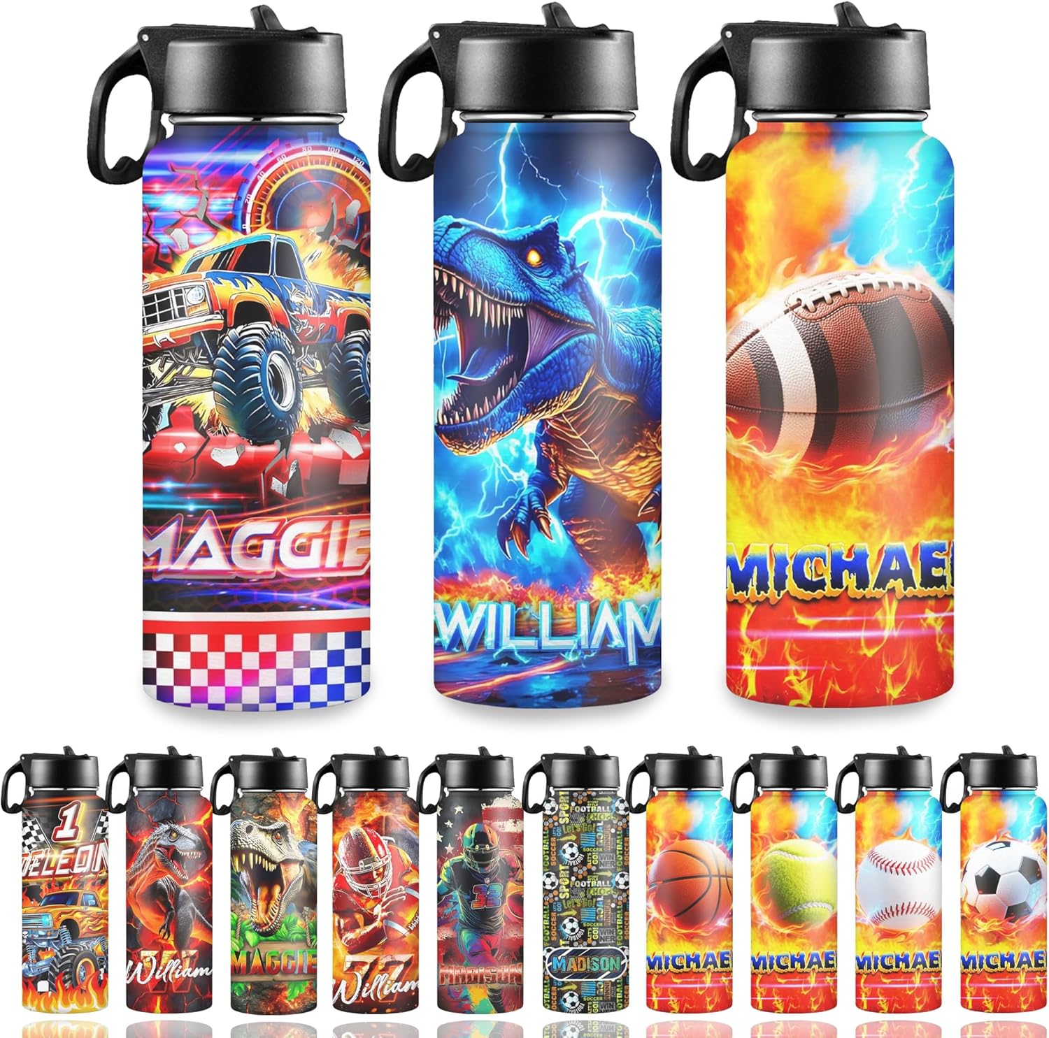 Personalized Water Bottle for Boys for School, Customized Kids Insulated Bottle with Name Picture, Stainless Steel Thermo with Straw, 18oz, Back to School Gift Basketball Soccer Baseball Pattern
