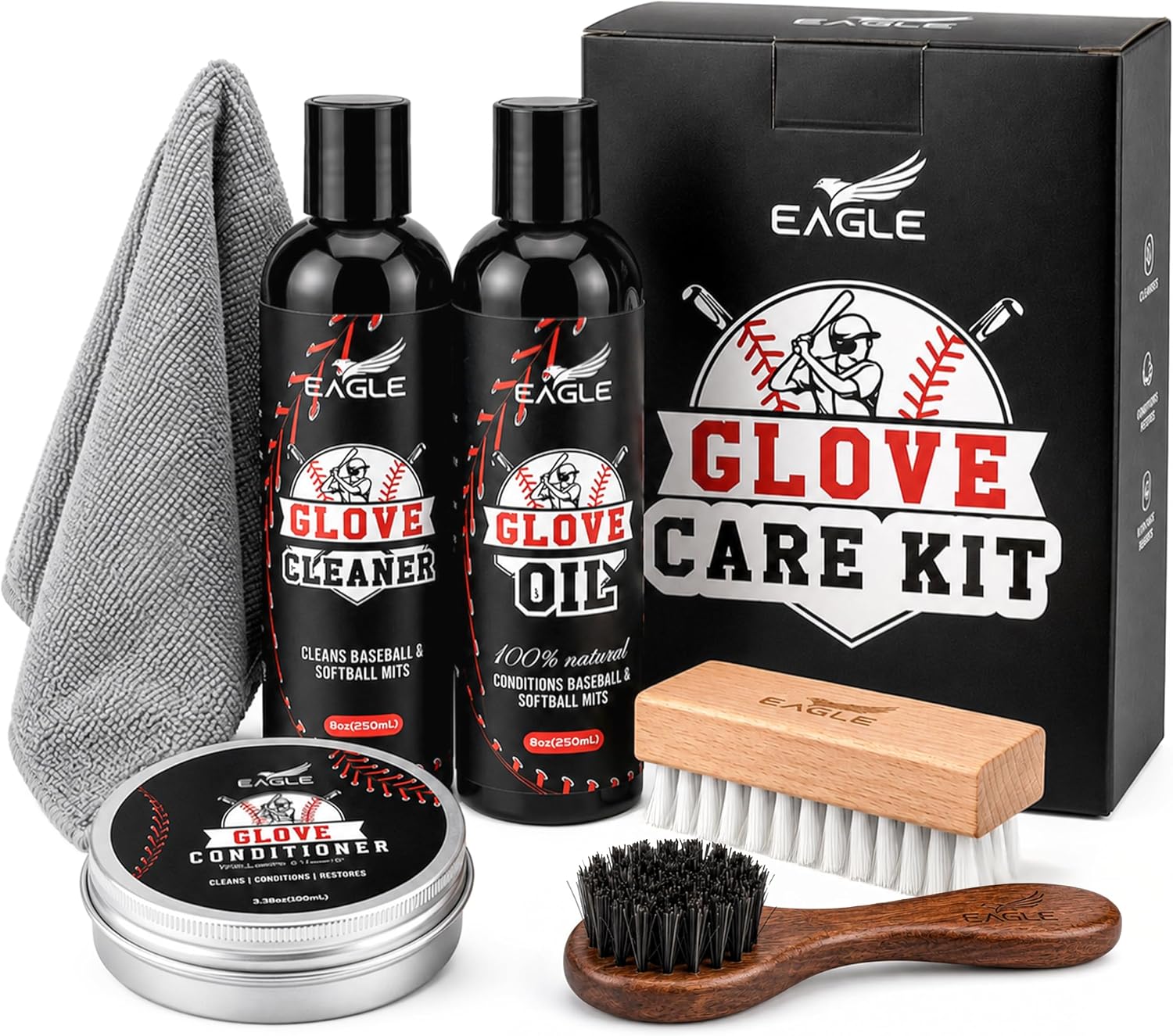 Eagle Baseball Glove Care Kit – Glove Cleaner (8oz), Oil (8oz), Conditioner (3.38oz), 2 Applicators & Cloth – Complete Leather Glove Maintenance Kit for Baseball, Softball, Catcher’s Mitts & More