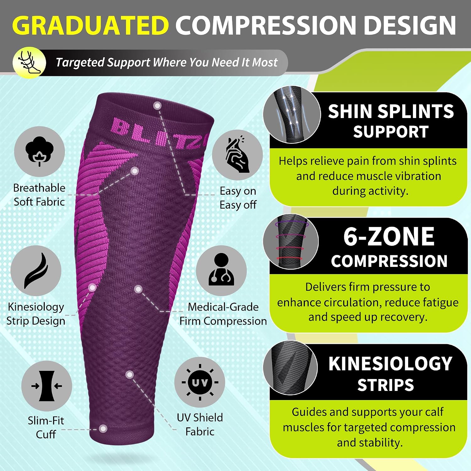 BLITZU Calf Compression Sleeves, Footless Compression Socks for Men & Women | Leg Support Brace, Shin Splint Pain Relief, Reduce Varicose Vein Swelling, Muscle Recovery, Running, Nursing, Fitness, Travel - Image 3