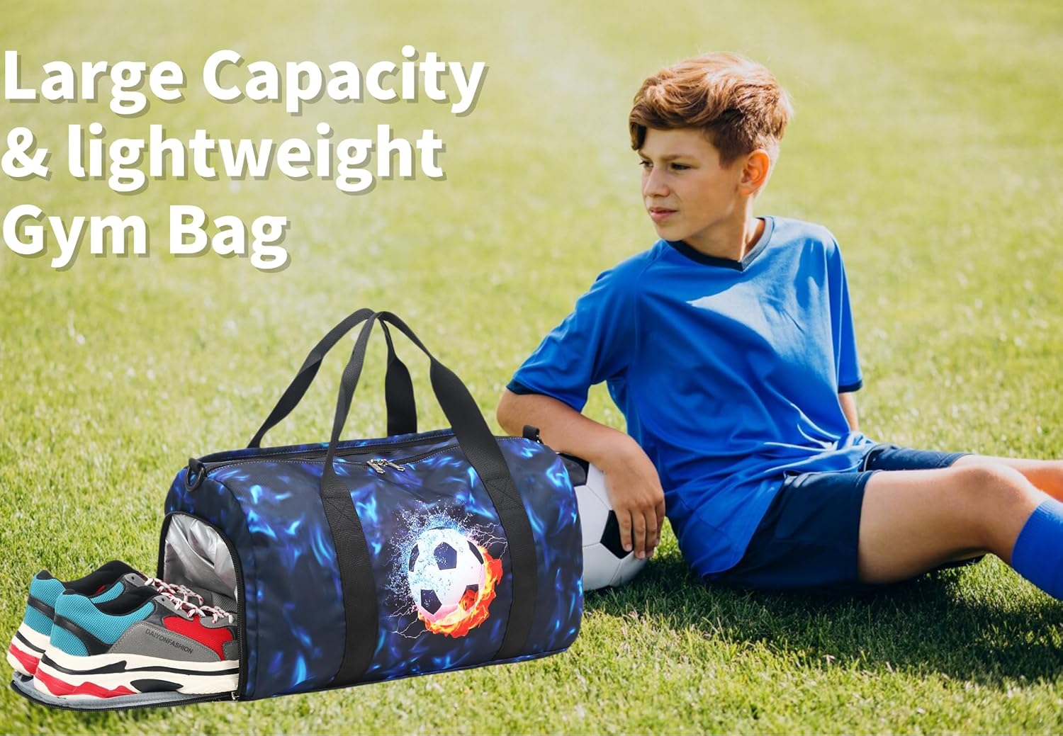 Kids Duffle Bag Boys Girls Overnight Travel Sport Gym Bag Weekender Carry On Shoulder Bag with Shoe Compartment & Wet Pocket (Soccer Black Blue) - Image 9