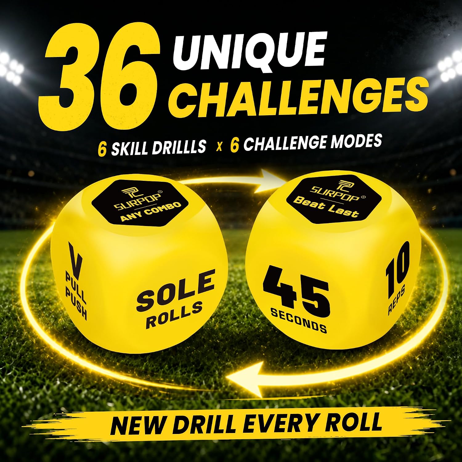 Surpop Soccer Training Dice for Kids 8-12, 2-Dice Ball Control Game, Yellow | Two soft 3-inch foam dice create 36 ball-control and footwork challenges for indoor or outdoor practice; mesh bag included - Image 4