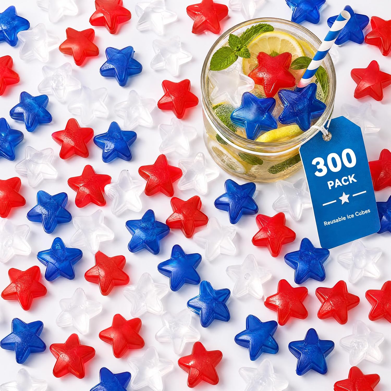 Star-Shaped Reusable Ice Cubes, 300 Pack Refreezable Ice Cubes Perfect for Independence Day & World Cup Parties, Kid‘s Birthday Parties, School Events, Chills Drinks Without Diluting