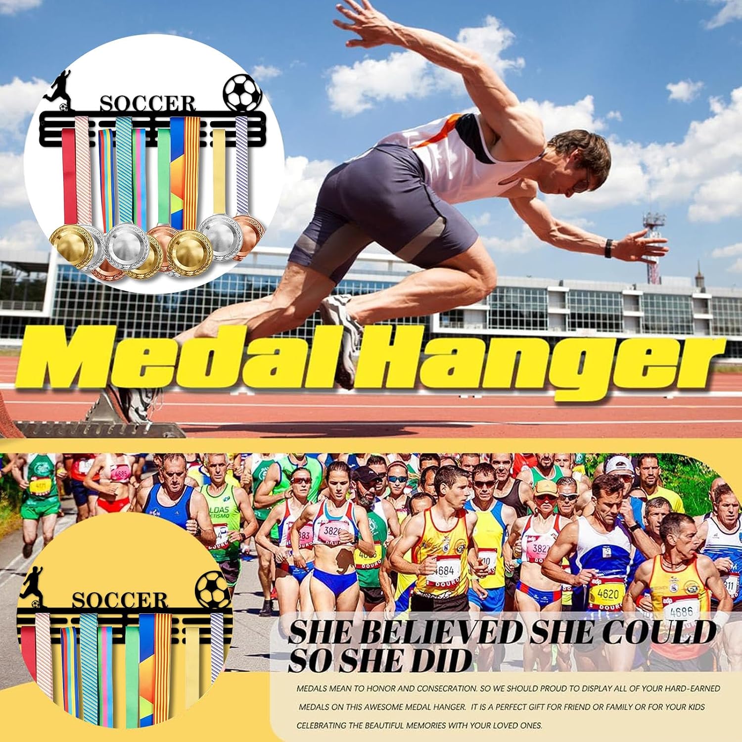 Resama Medal Hanger Holder Display Wall Rack Frame Shelf-Medal Hanger Awards Ribbon Soccer,Gymnastics,Holder Display Rack for 60 Medals - Image 5