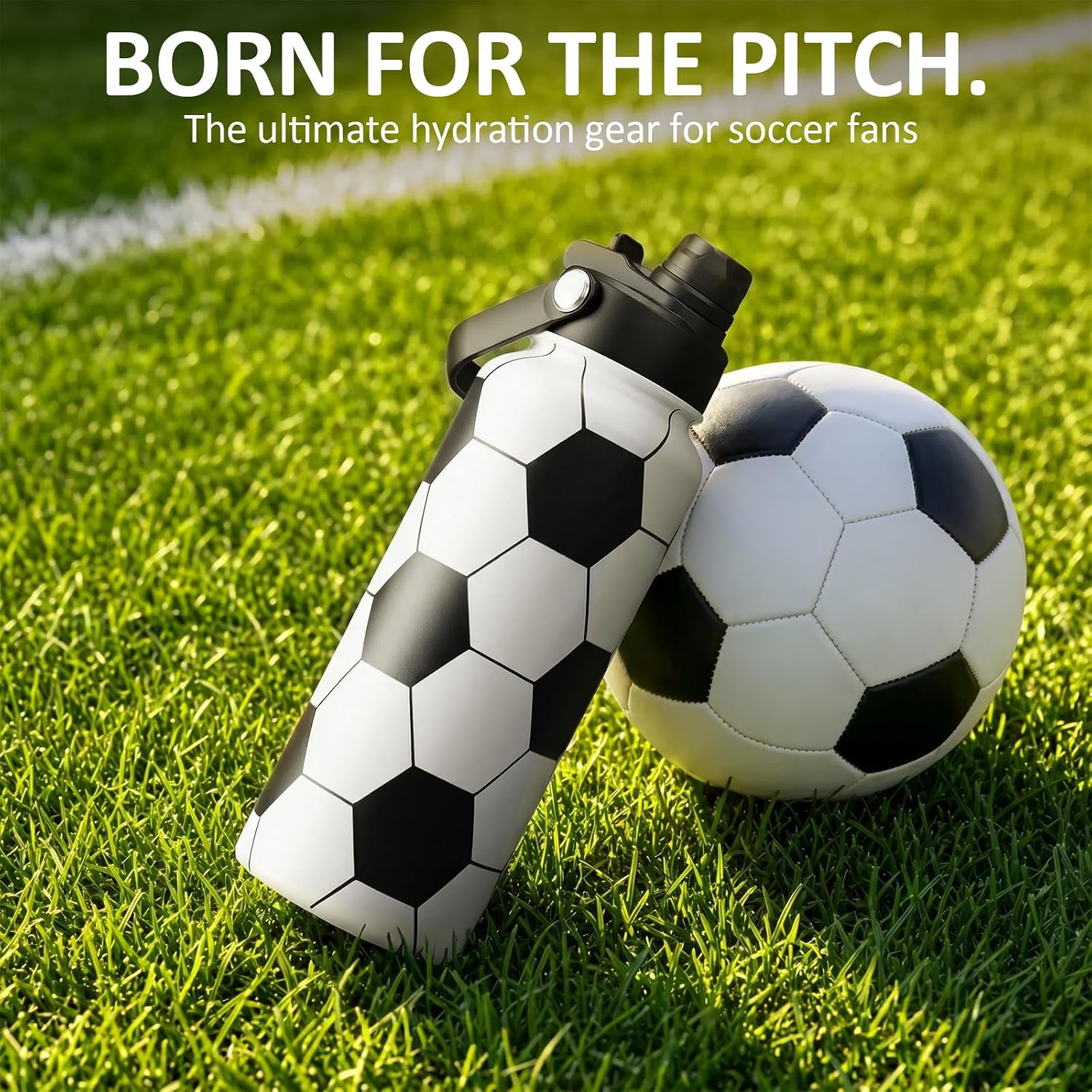 32oz Soccer Insulated Water Bottle 24H Cold with 2-in-1 Straw and Spout Lid | 3D Textured 18/8 Stainless Steel Sweat-Proof Jug for Soccer Matches and Gym Training with Soft Handle and Braided Rope Strap - Image 6