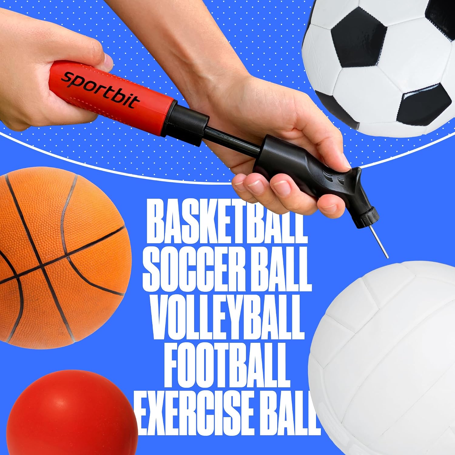 SPORTBIT Ball Pump for Sports Balls - Push & Pull Inflating System - Hand Pump for Exercise Balls - Volleyball Pump, Basketball Inflator, Ball Air Pump - Goes with 5 Needles Set - Image 5