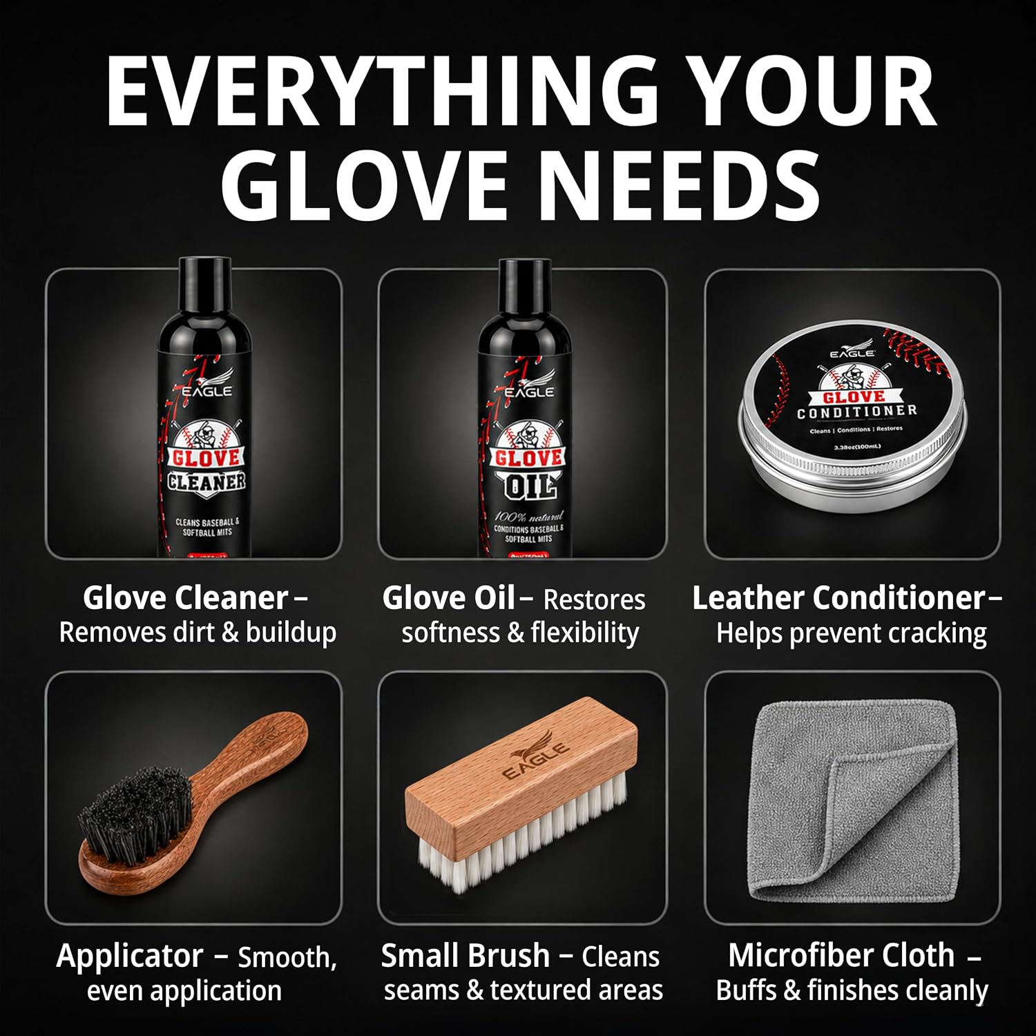 Eagle Baseball Glove Care Kit – Glove Cleaner (8oz), Oil (8oz), Conditioner (3.38oz), 2 Applicators & Cloth – Complete Leather Glove Maintenance Kit for Baseball, Softball, Catcher’s Mitts & More - Image 2