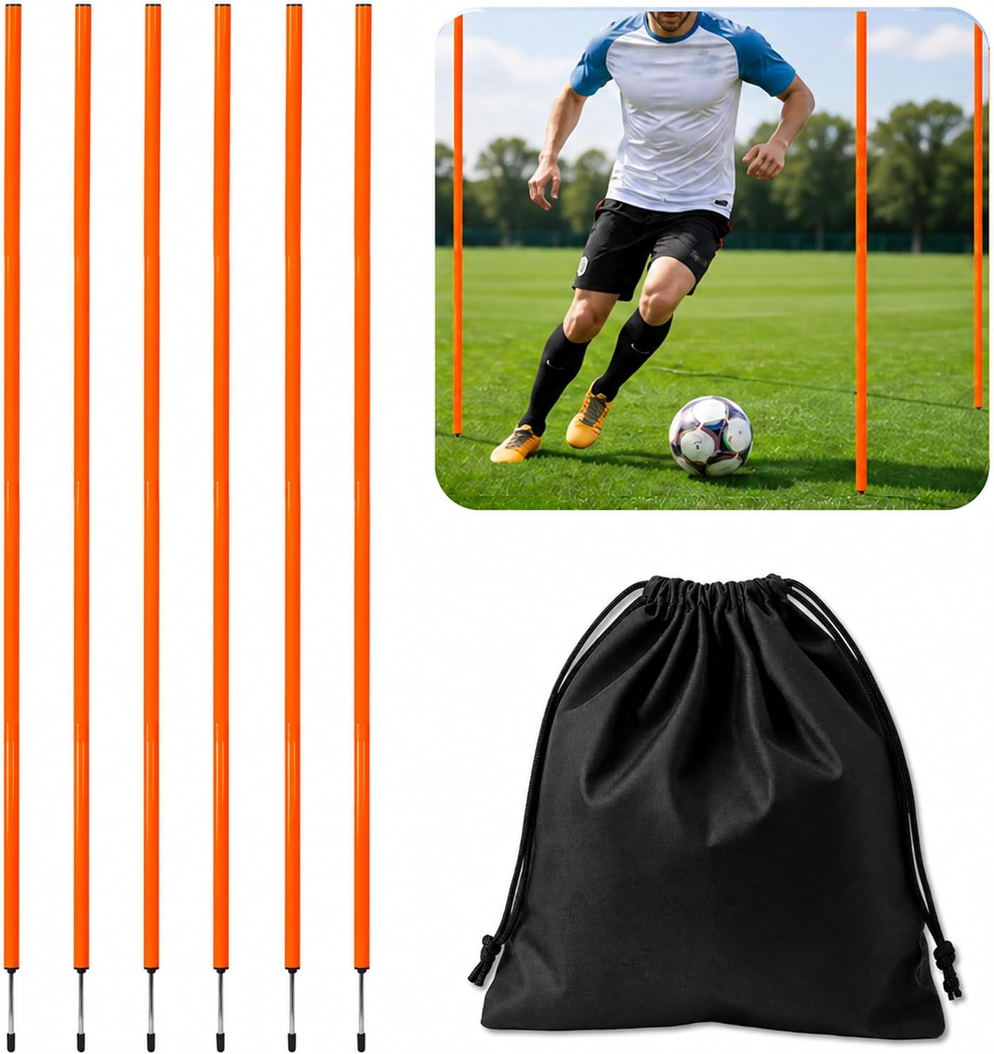 6 Pcs Soccer Agility Poles for Training, 5 FT Adjustable Speed and Agility Training Equipment for Football/Basketball/Horse/Dog Practice, Soccer Sticks with Steel Ground Nails Outdoors