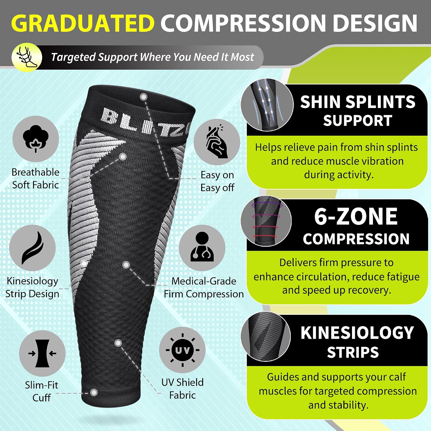 BLITZU Calf Compression Sleeves, Footless Compression Socks for Men & Women | Leg Support Brace, Shin Splint Pain Relief, Reduce Varicose Vein Swelling, Muscle Recovery, Running, Nursing, Fitness, Travel - Image 3