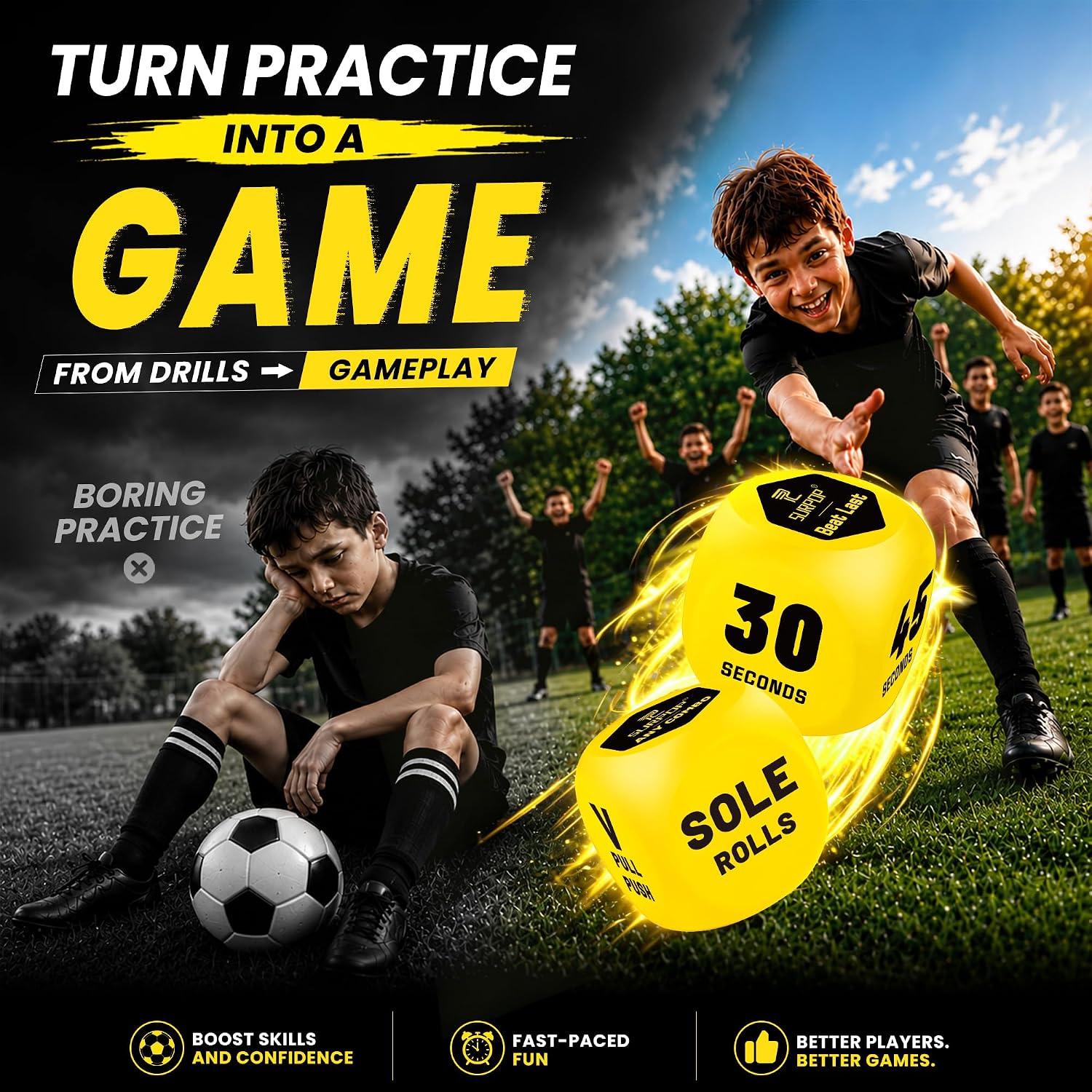 Surpop Soccer Training Dice for Kids 8-12, 2-Dice Ball Control Game, Yellow | Two soft 3-inch foam dice create 36 ball-control and footwork challenges for indoor or outdoor practice; mesh bag included - Image 2
