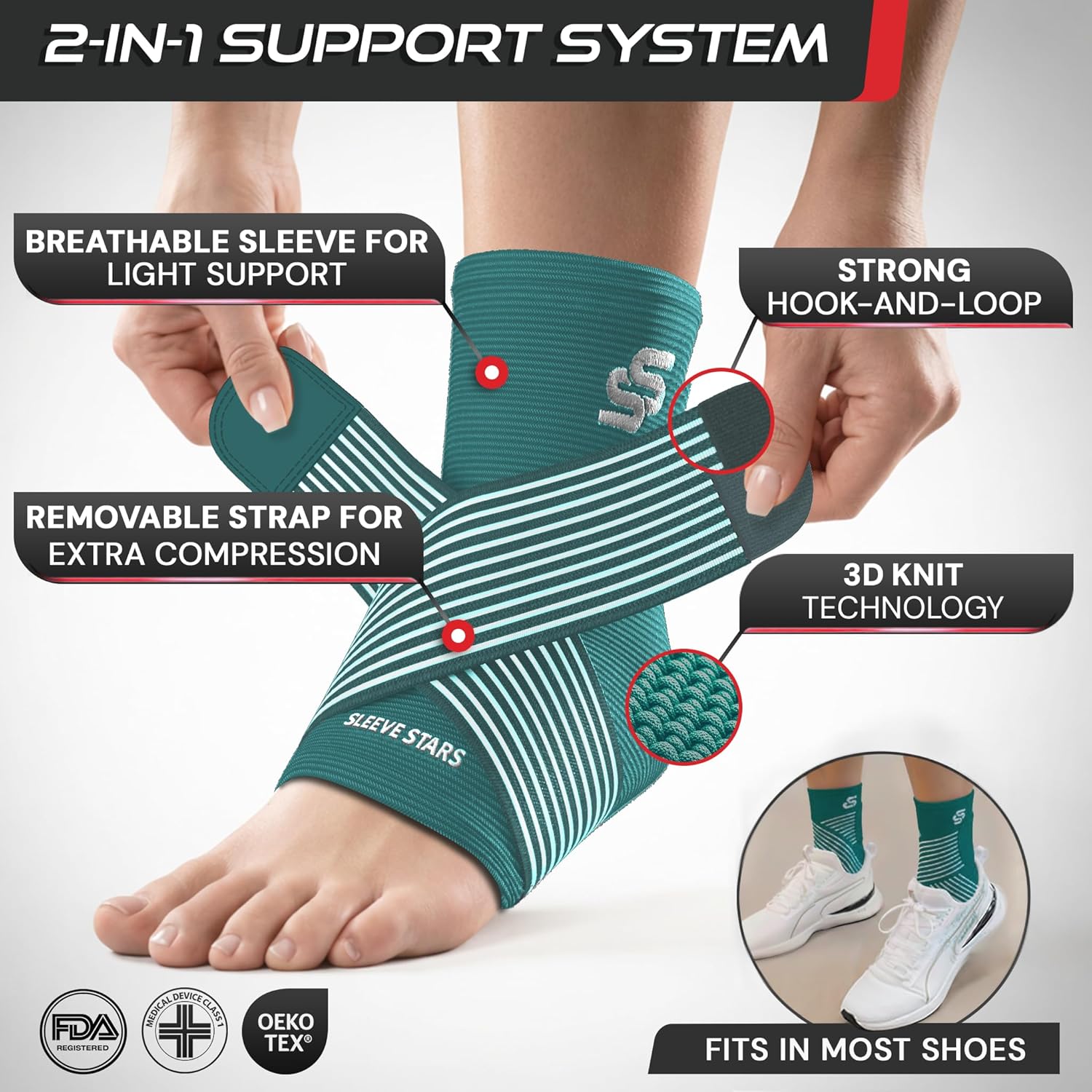 Sleeve Stars Ankle Brace for Women & Men, Ankle Wrap for Sprain, Compression Sleeve for Plantar Fasciitis Relief, Easy Customizable Support: w/ Removable Strap (Single/M:10"-12"/Turquoise) - Image 3