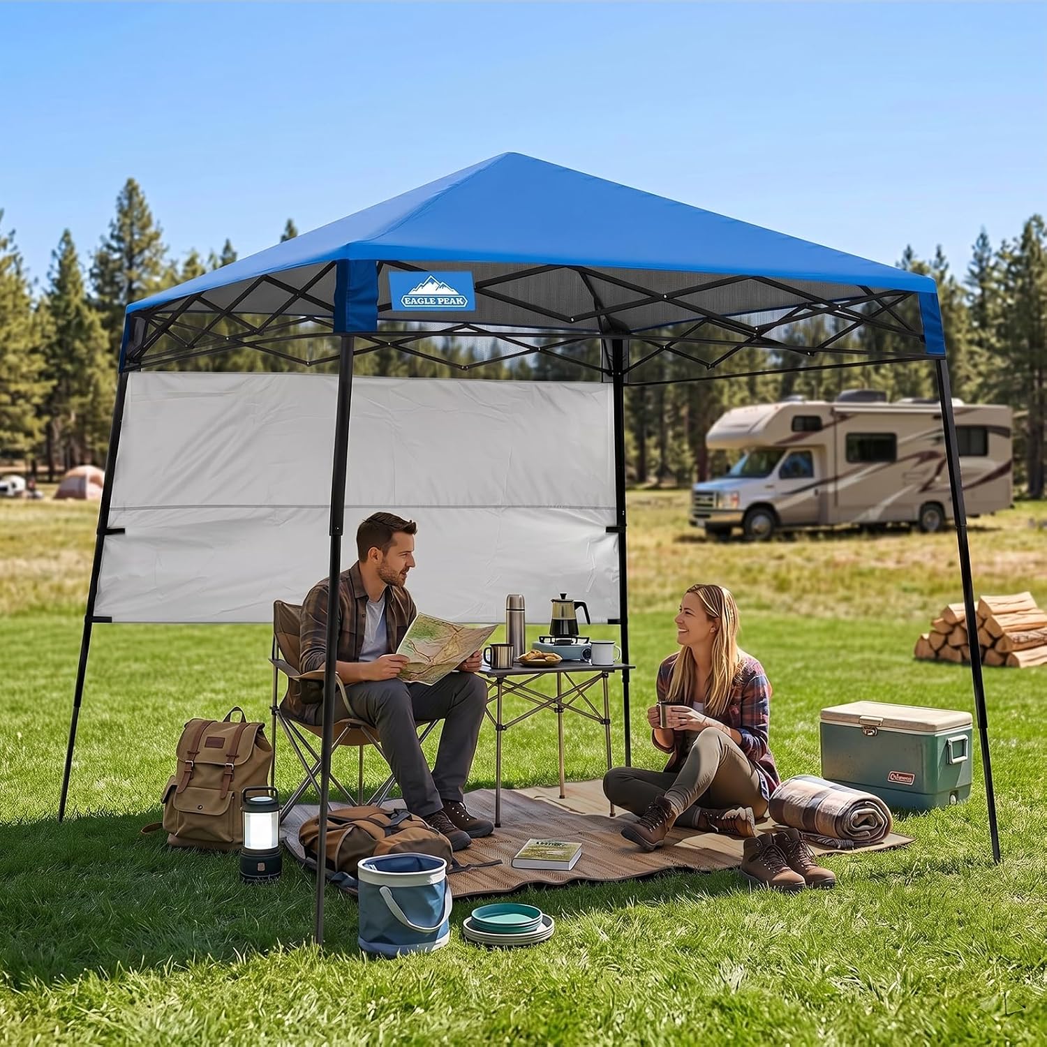 EAGLE PEAK 8x8 Pop Up Canopy Tent with Sidewall, Compact, Portable Slant Leg Instant Sun Shelter for Beach, Sports, & Camping, 8x8 Base 6x6 Top, Blue - Image 5
