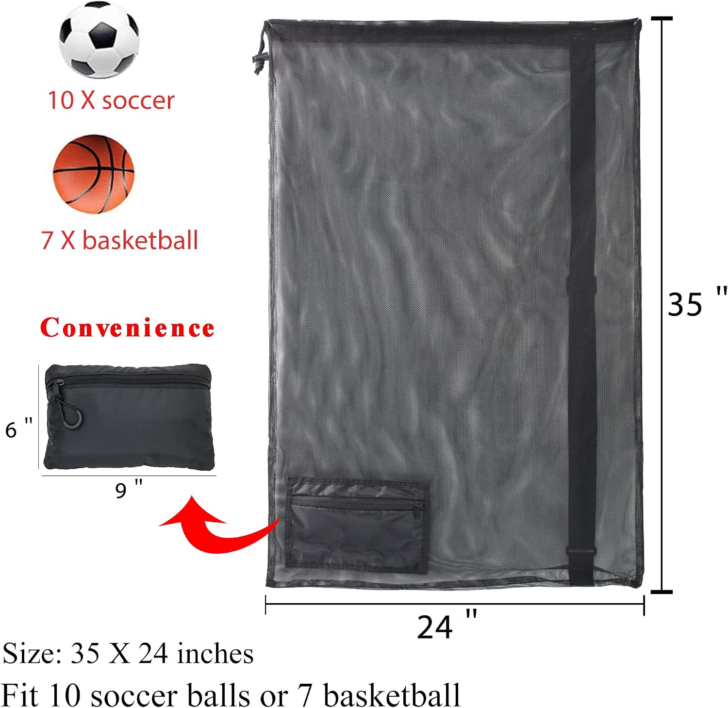 Foldable Drawstring Mesh Ball Bag,Holds 10+ Soccer Balls | Drawstring Bag for Gym, Pool & Beach Gear, Swimming, Basketball Equipment Carryall (L) - Image 3