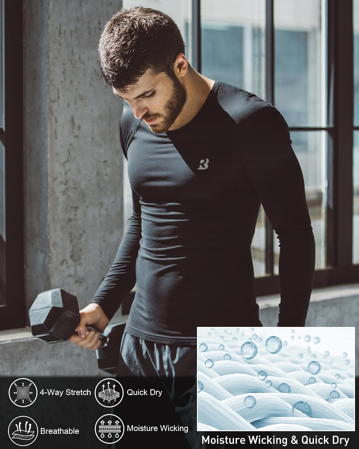 Roadbox Mens Compression Shirt, Cool Dry Long Sleeve Workout Shirts, Running Athletic Football Gym Base Layer Tops UPF 50+ - Image 5