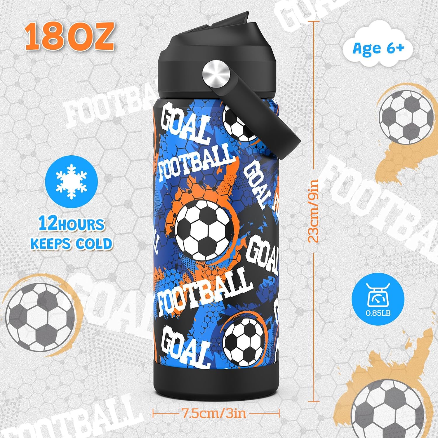 Boys Soccer Water Bottle for School,Kids 18 oz Insulated Stainless Steel Cup with Straw, Double-Wall Vacuum Leakproof - Image 2