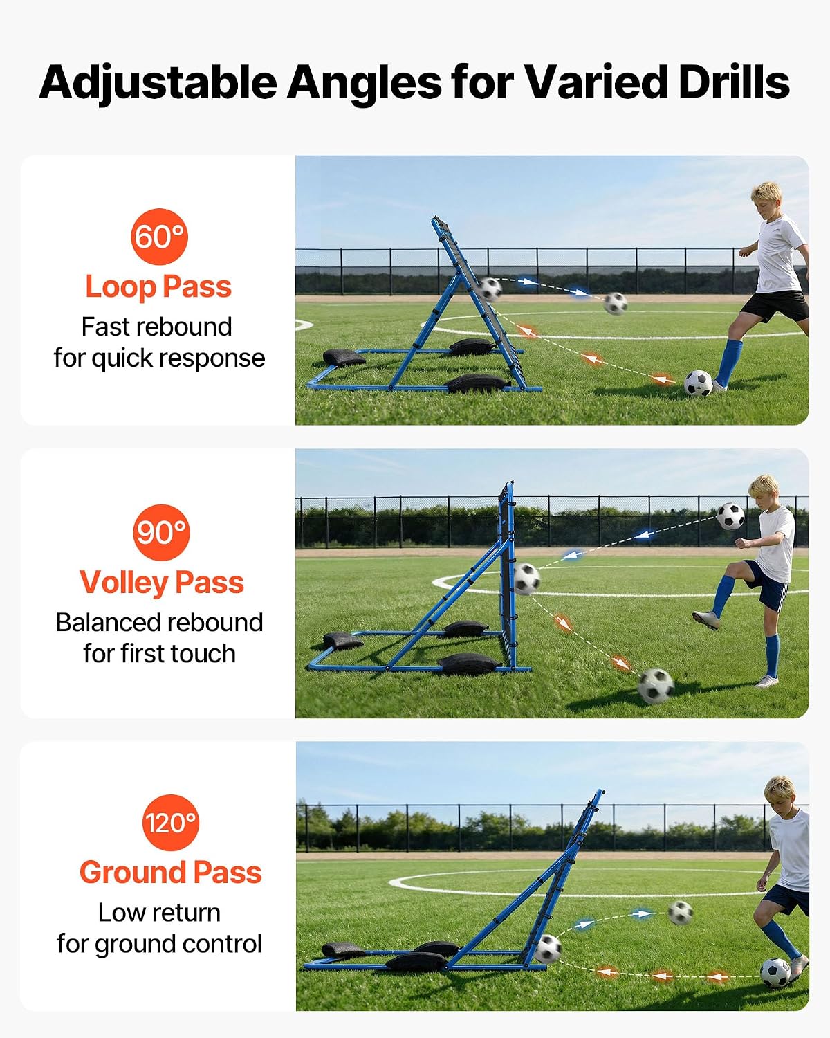 VEVOR Soccer Baseball Rebounder Net, 3 Angles Adjustable Soccer Goal Rebounder for Control, Passing Practice, Heavy-Duty Iron Frame & PE Net, Easy Setup Ball Training Equipment for Teens&Adults - Image 3