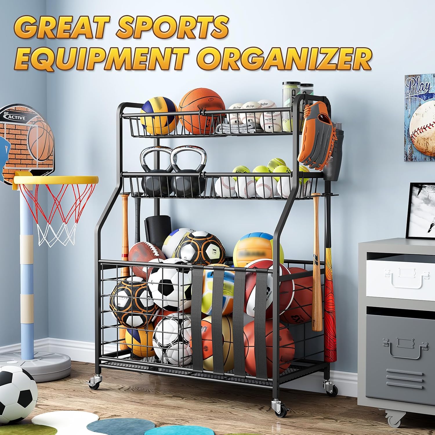 Sports Equipment Organizer, Rolling Garage Ball Storage Rack | Heavy-Duty Steel, Rolling Wheels, Storage Baskets, Side Hooks, Ball Storage, Sports Gear, Toys, Garage, Home Gym - Image 6