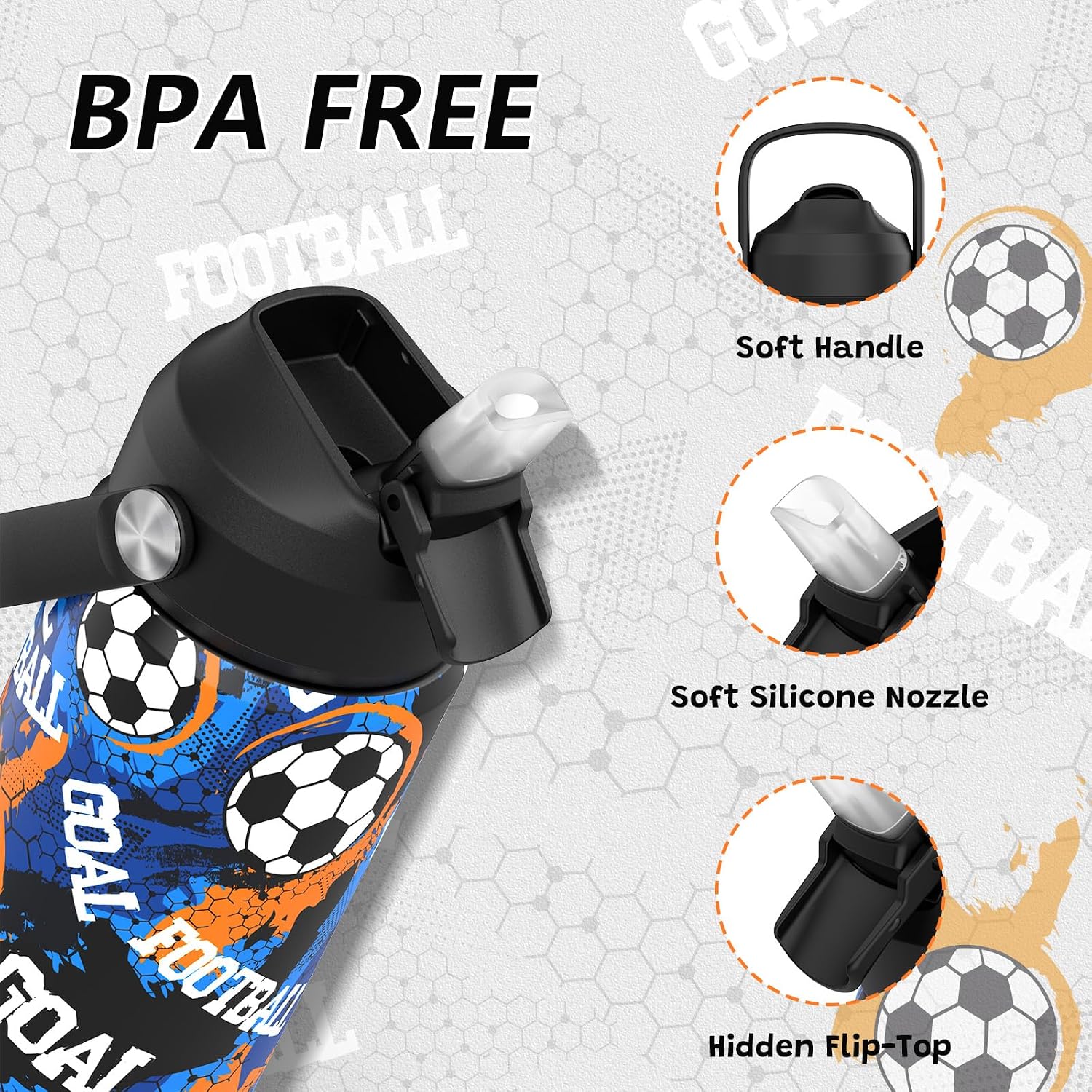 Boys Soccer Water Bottle for School,Kids 18 oz Insulated Stainless Steel Cup with Straw, Double-Wall Vacuum Leakproof - Image 3