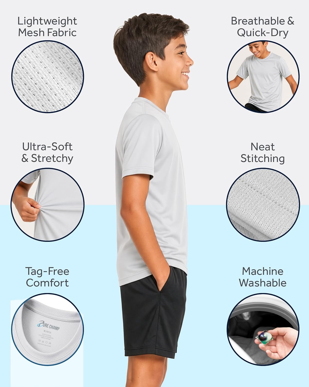 PURE CHAMP Boys Athletic Shirts 6 Pack Dry Fit Short Sleeve Boys Tshirts Basketball Baseball Soccer Tee Kids Youth & Teens - Image 2