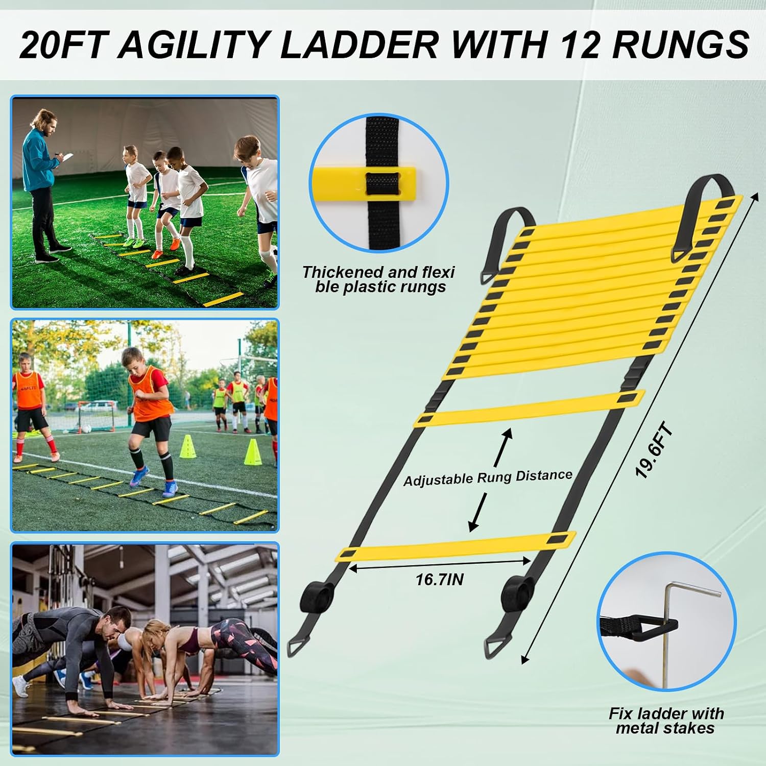Speed Agility Training Equipment Set, Agility Ladder 20ft, 12 Football Cones, Resistance Parachute/Soccer Kick Trainer, Jump Rope, 5 Resistance Bands, Football Practice Equipment for Kids Adults - Image 3