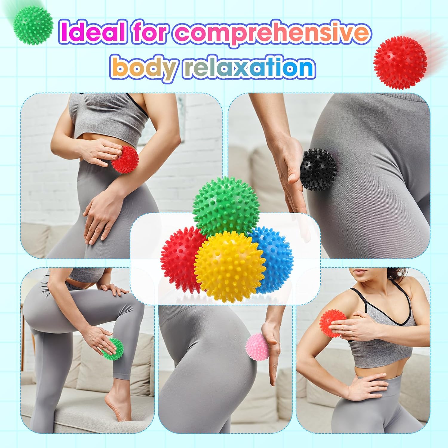 Liliful 36 Pcs Spiky Massage Balls for Feet, Back, Hand Massage Roller Squeeze Balls Plantar Fasciitis Ball Bulk for Foot Hand Trainer Therapy, 10 Colors 3 Inch Multipack - Image 6