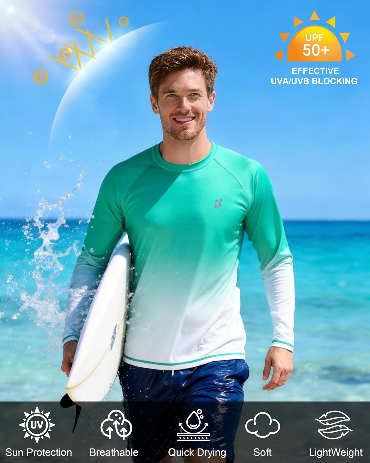 Roadbox Men's UPF 50+ Swim Shirts, Long Sleeve UV Sun Protection Rash Guard, Quick Dry SPF T-Shirt for Beach Surfing Fishing - Image 5