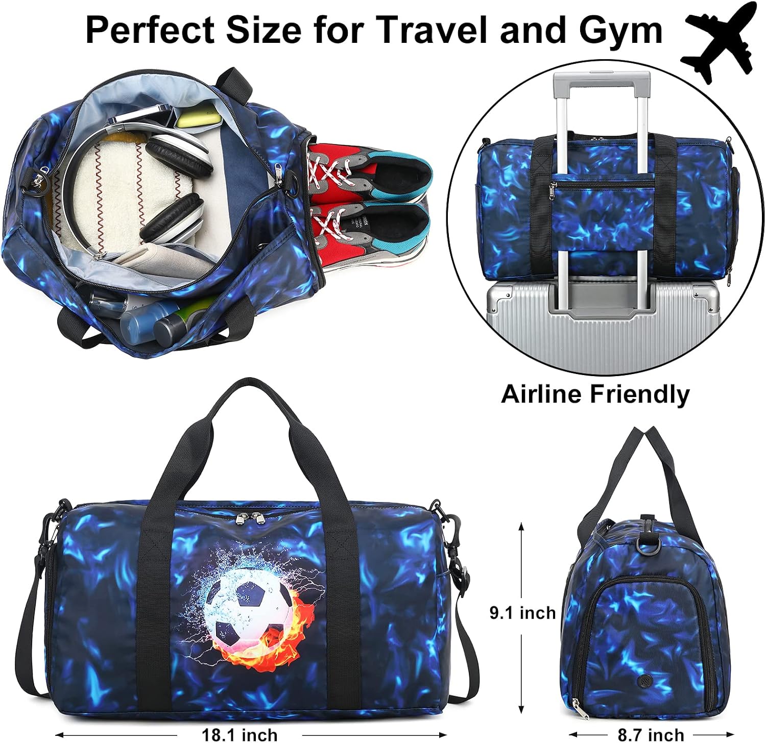 Kids Duffle Bag Boys Girls Overnight Travel Sport Gym Bag Weekender Carry On Shoulder Bag with Shoe Compartment & Wet Pocket (Soccer Black Blue) - Image 7