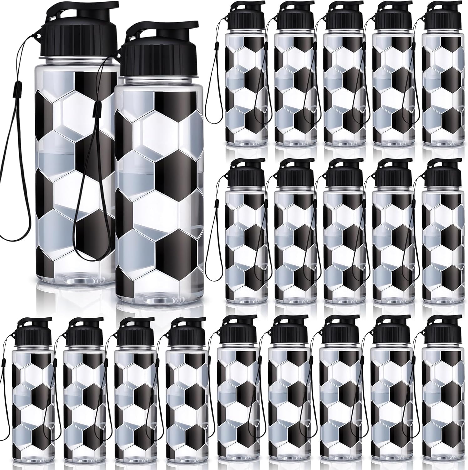 Mifoci 20 Pieces Sports Water Bottle Bulk 17 oz Reusable Plastic Biking Water Bottle Tumbler Adults Reusable Large Bottles with Leak Proof Flip Top for Party Outdoor (Soccer,Black and White)