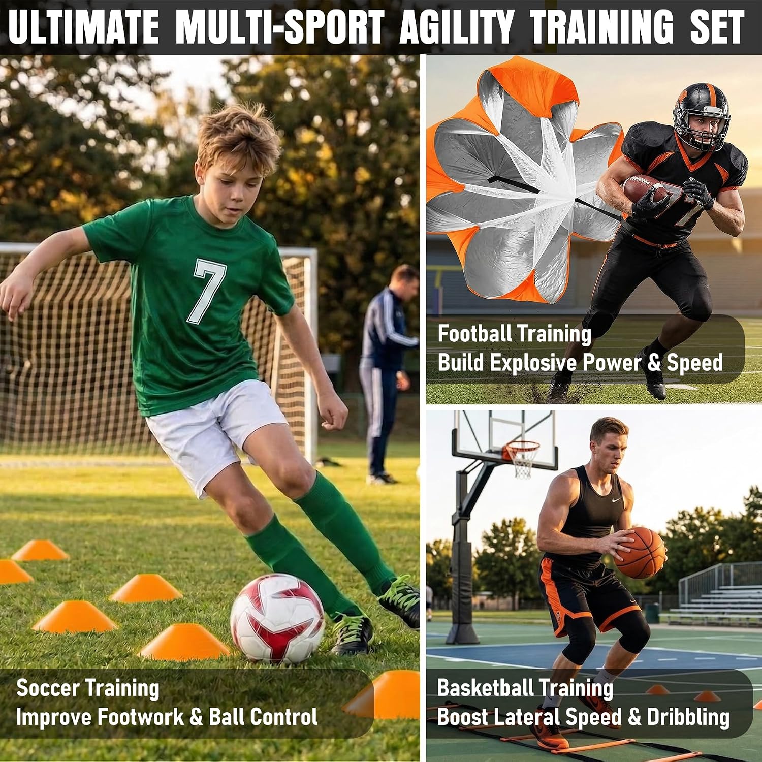 Agility Ladder, Agility Speed Training Equipment Set, 20ft Speed Ladder | 4 Hurdles, 12 Soccer Cones, Jump Rope, Running Parachute, Soccer Football Basketball Training Equipment Accessories - Image 6