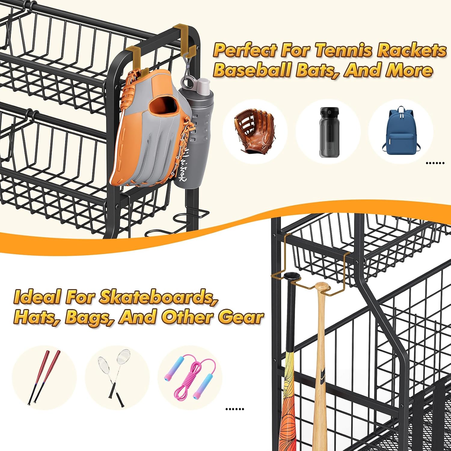Sports Equipment Organizer, Rolling Garage Ball Storage Rack | Heavy-Duty Steel, Rolling Wheels, Storage Baskets, Side Hooks, Ball Storage, Sports Gear, Toys, Garage, Home Gym - Image 2