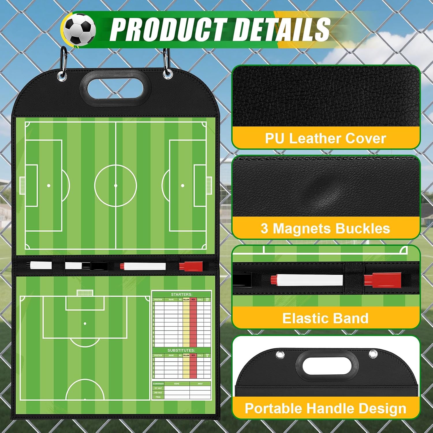 Magnetic Coaching Board – Foldable Dugout Display with Carry Handle, Leather-Covered Double-Sided Strategy & Lineup Planner for Baseball, Softball and Soccer - Image 5
