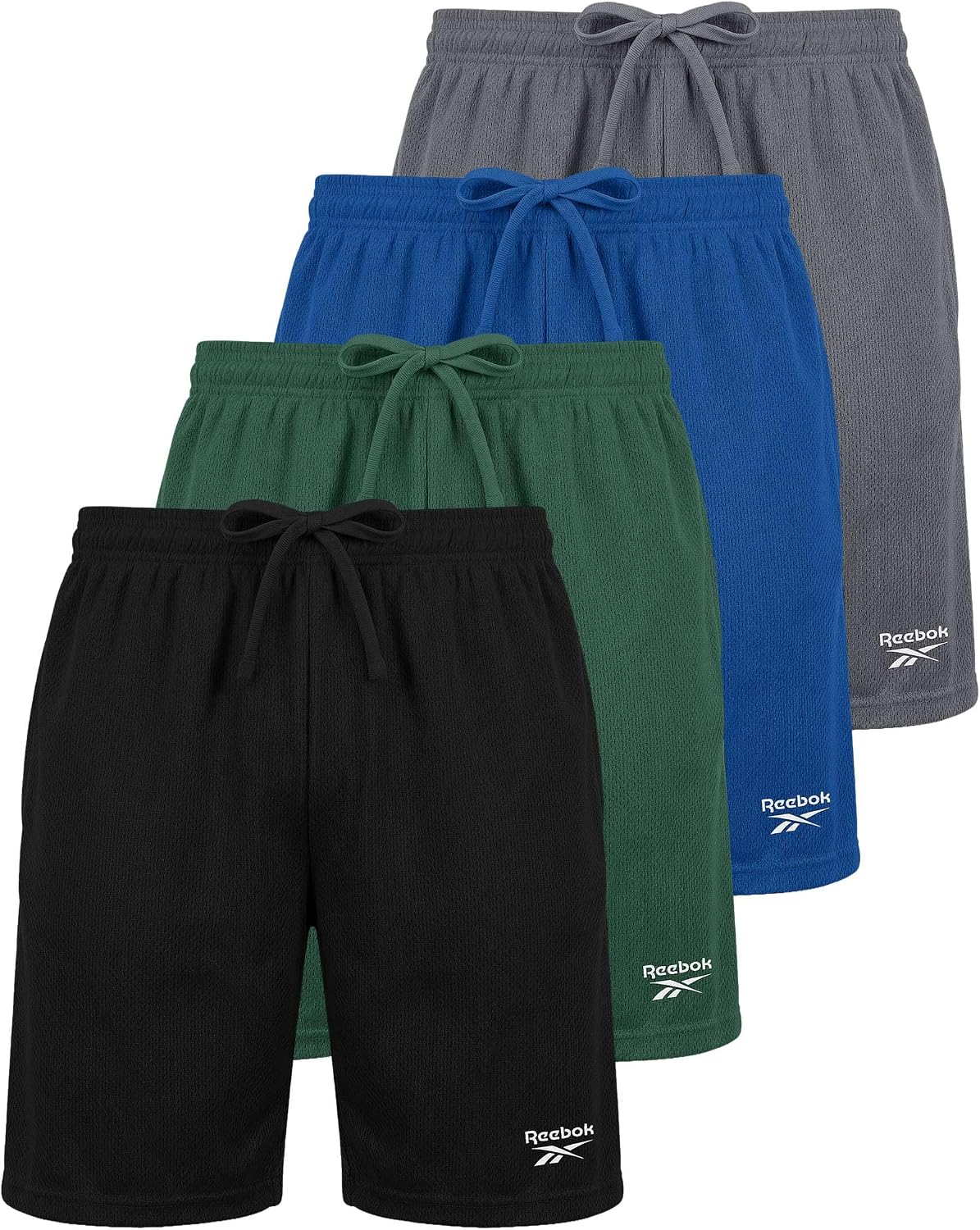 Reebok 4 Pack Boys' Mesh Shorts Athletic Basketball Kids Teen Soccer Pocket | Available In Sizes 6-18, Youth, School, Gym, Running, Baseball, Football, Sport, Workout, Drawstring, Elastic, Quick Dry