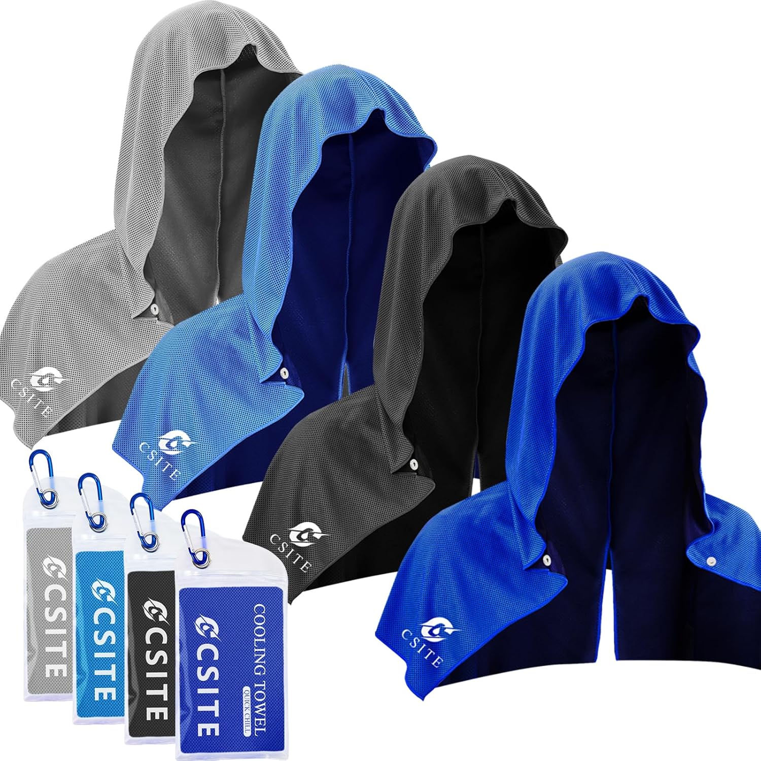 CSITE 4 Pack Cooling Hoodie Towels, Instant Cooling Towels for Neck and Face, UPF 50 Sun Protection, Ice Towel for Hot Weather, Head Towel for Sports, Camping, Cycling & More Activities